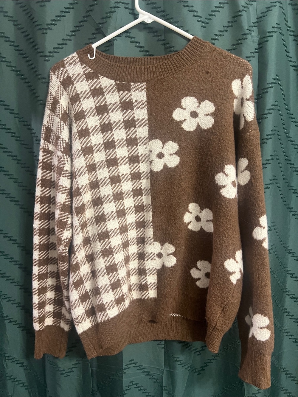 Fate Brown & Cream Floral Plaid Crewneck Sweater